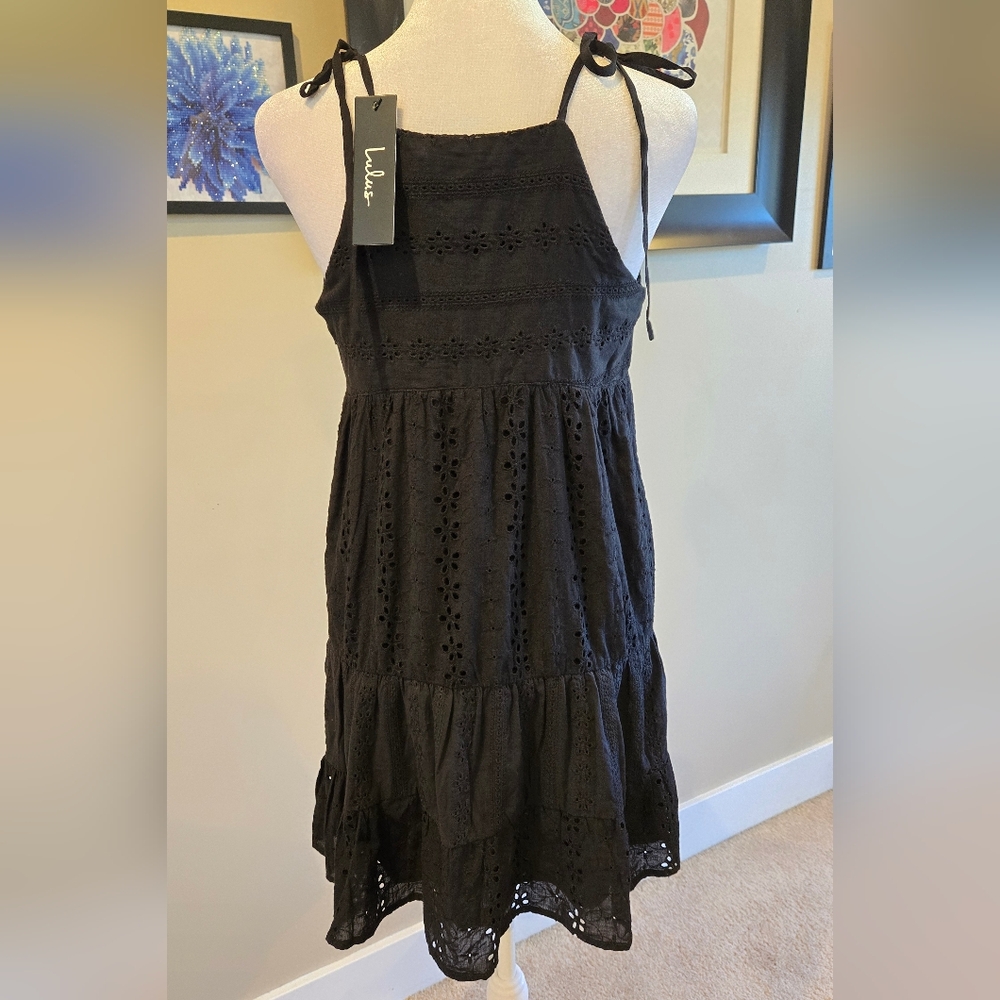 Lulu's S Black Spaghetti Strap V Neck Cotton Eyelet Sundress With Ruffle Hem - Picture 3 of 7